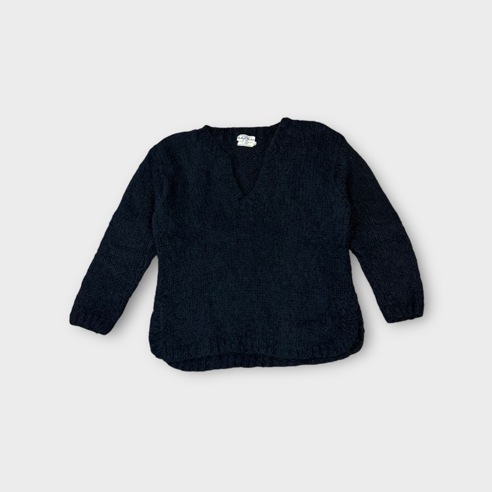 Vintage 1960s Mohair Wool Sweater – Hand Knit Black V-Neck – Made in Italy